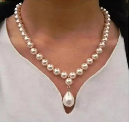 

New Arrival Favorite Pearl 8mm Round Bead Bright White Natural South Sea Shell Pearl 12mm Pendant Necklace Clasic Women Jewelry