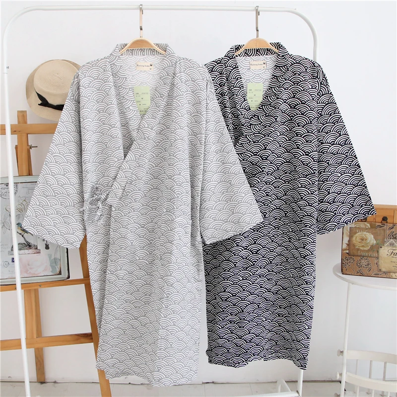 Japanese Yukata Sleepwear Breathable Dressing Men Kimono Bathing Robe Cotton Sauna Nightwear Pajamas Wave Print Vintage