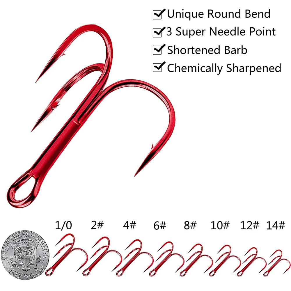 50Pcs Fishing Hooks High Carbon Steel Treble Hook Strong Sharp Round Bend Triple Hooks For Freshwater Saltwater Fishing