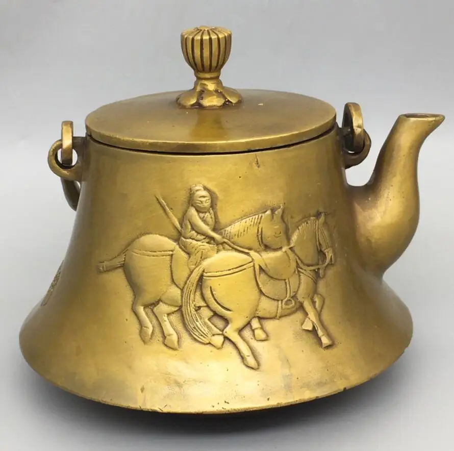 

China brass archaize tang dynasty horses teapot crafts statue