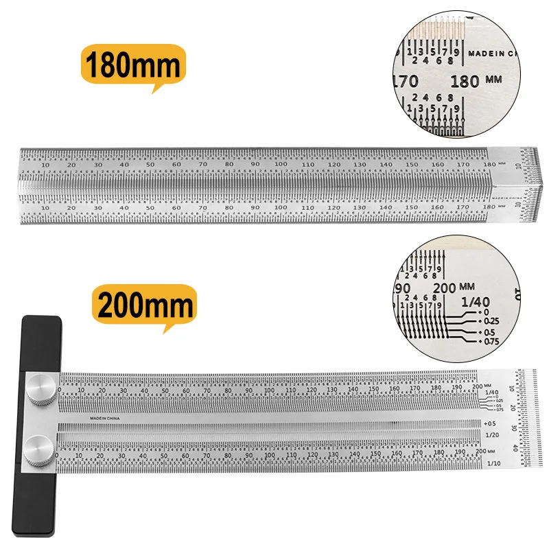 Line Ruler Stainless Steel Square 180mm/200mm Woodworking Hole Ruler L Type Scale Woodworking Tools