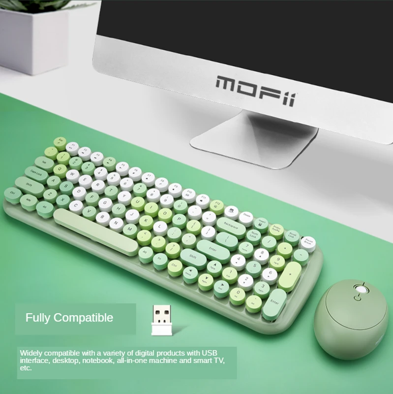 Kawaii Candy Colors Wireless Keyboard Mouse Combos 2.4G USB Round Punk Keyboard and Optical Mouse Set For Computer Home Office