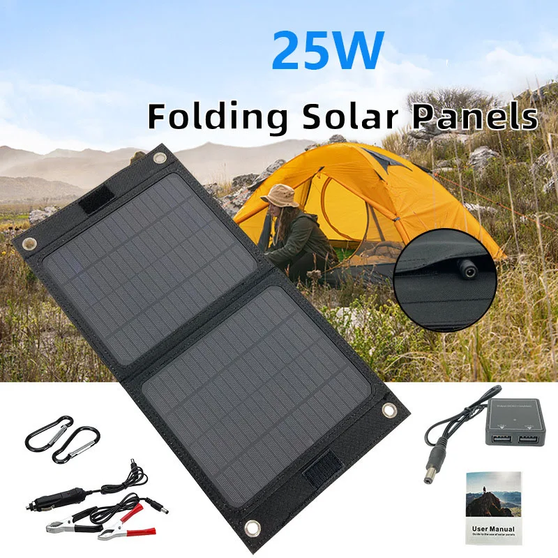 25W 18V Folding Solar Panel Outdoor Portable Charger Foldable Solar Panel Charger Mobile Power Bank for Phone Battery USB Port