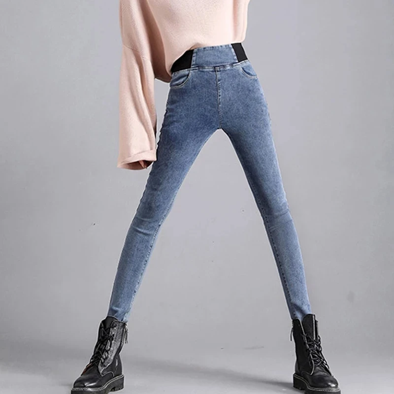 Casual Elastic Waist Plus Velvet Jeans Women 2023 Winter Thick Warm Slim Denim Leggings Retro Black Grey Skinny Cotton Trousers