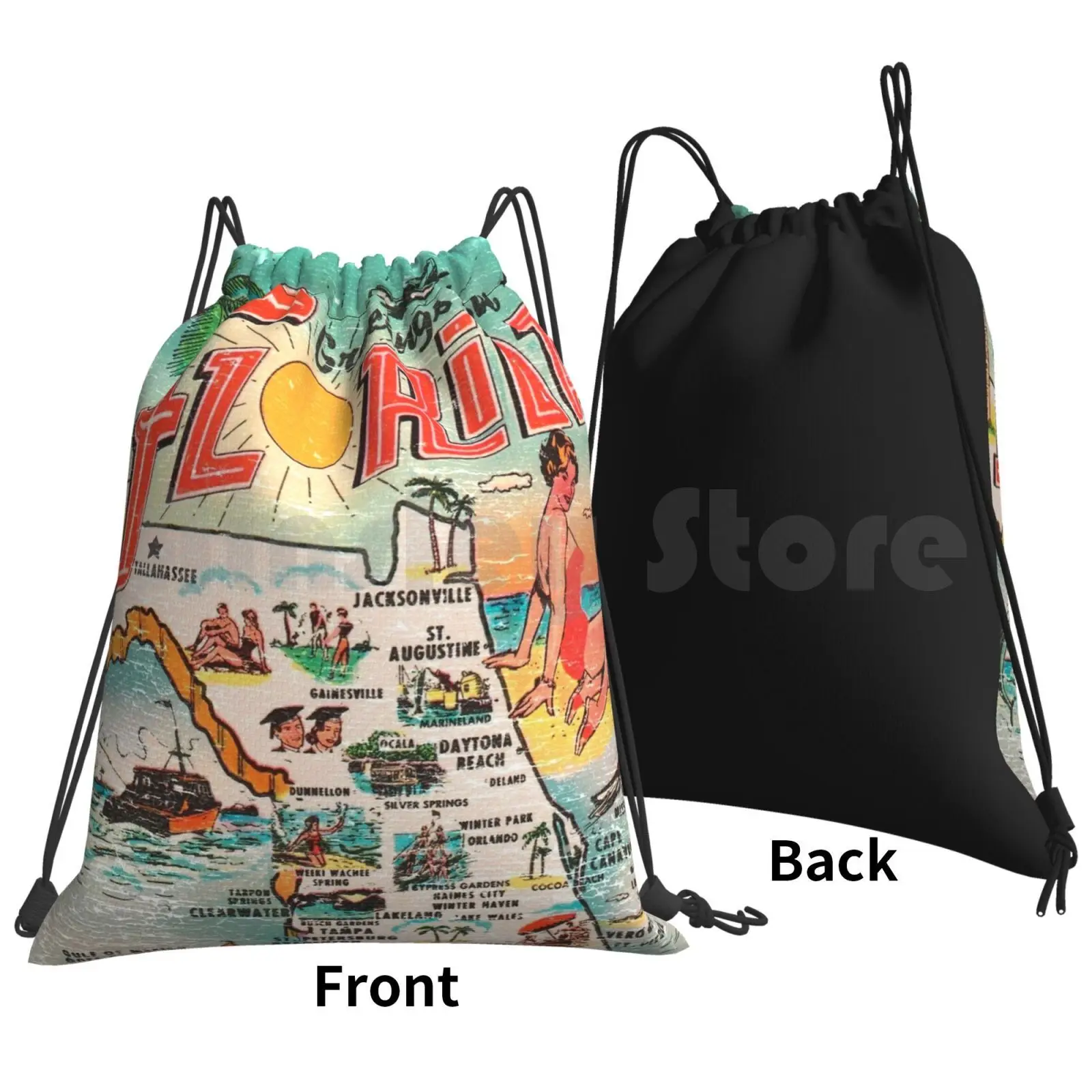 Greetings From Florida Backpack Drawstring Bags Gym Bag Waterproof Greetings Vintage Florida 50s