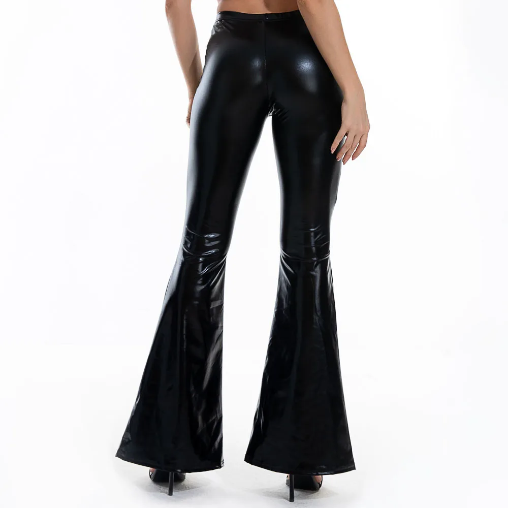 Calça feminina metálica de couro PU, brilhante holográfica, cintura elástica, calça com fundo de sino, sexy bodycon clubwear