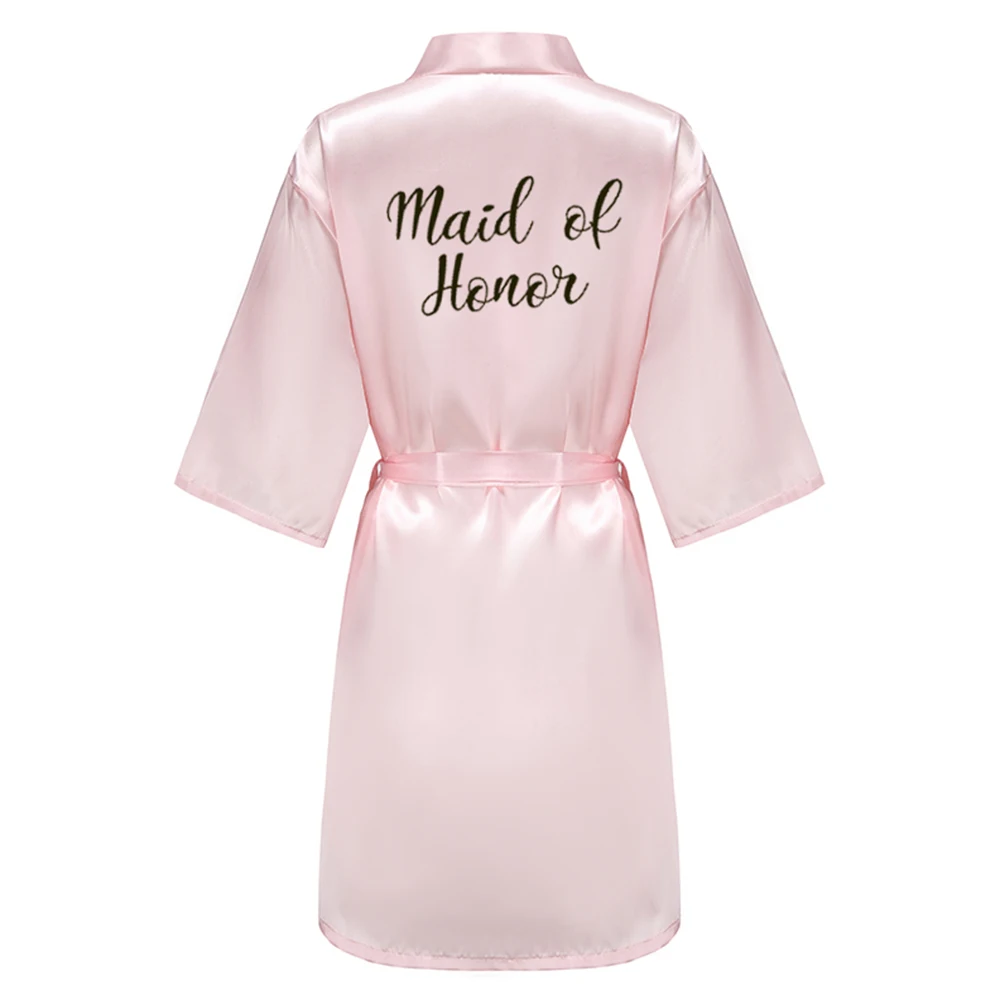 New Pink Wedding Team Bride Squad Maid of Honor Robe Bridal Party Satin Dressing Gowns For Women Black Letter Writing Bathrobe