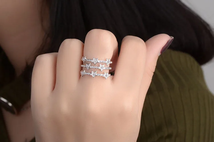 Women's Adjustable 925 Silver Star CZ Ring