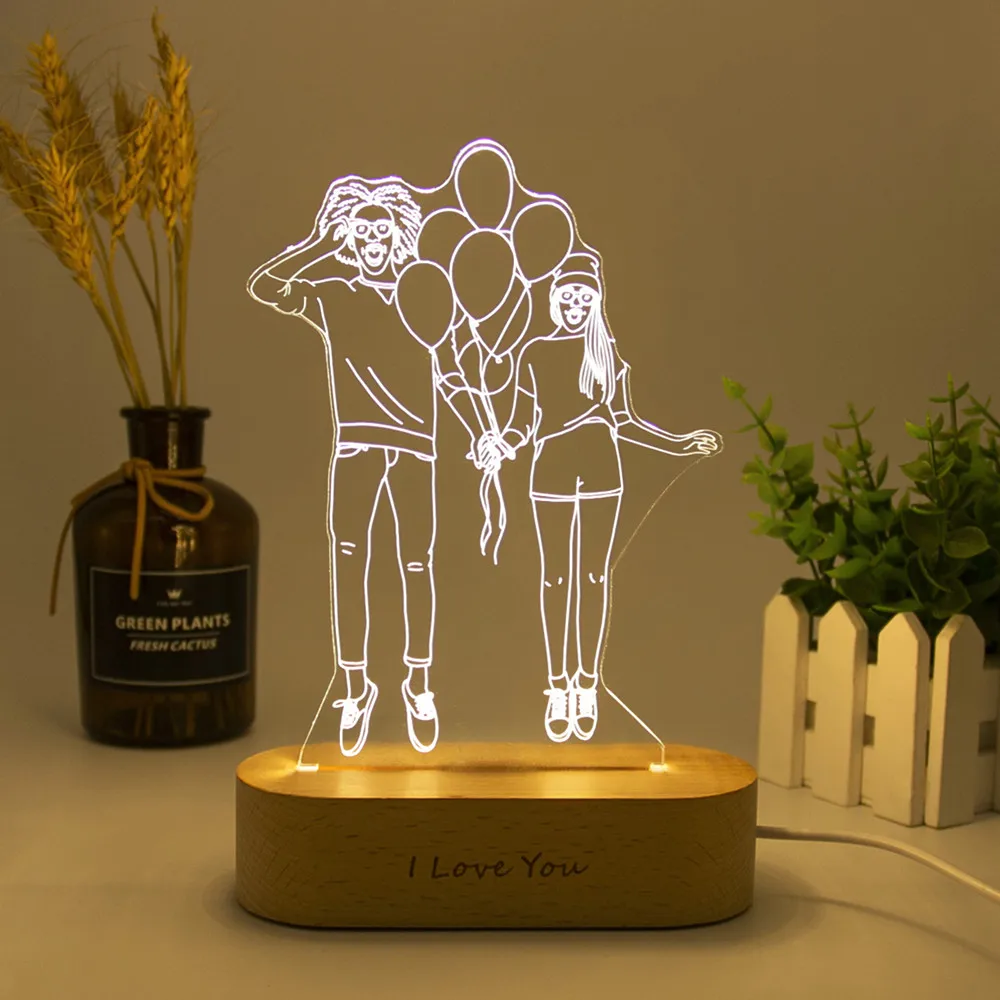 Customized Text Photo 3D Print Night Light Desk Lamp Wooden Base Christmas  Valentine's Day Gift USB Power Three White Light