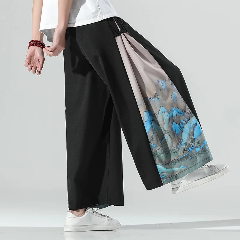 

Men Plus Size Japanese Style Clothes Vintage Print Wide Leg Trousers Modern Haori Casual Loose Pants Japanese Fashion Streetwear