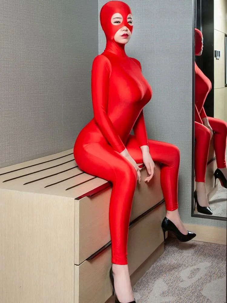 Zentai Catsuit à capuche unisexe, manches longues, fermeture éclair, entrejambe ouvert, costume de batterie, justaucorps serré, lingerie conjointe, combinaison Teddies