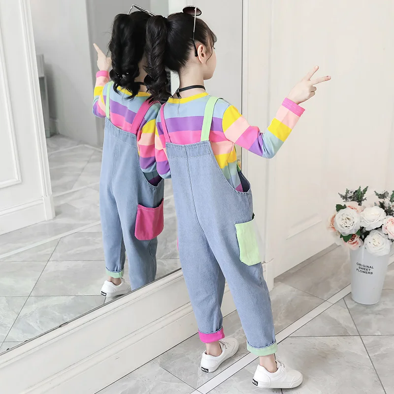 Cute Girls Clothes Colorful Tops Long Sleeve Rainbow Sweatshirt Jeans Pocket Denim Jumpsuit 4 5 6 7 9 11 12 Years Girl 2pcs Sets