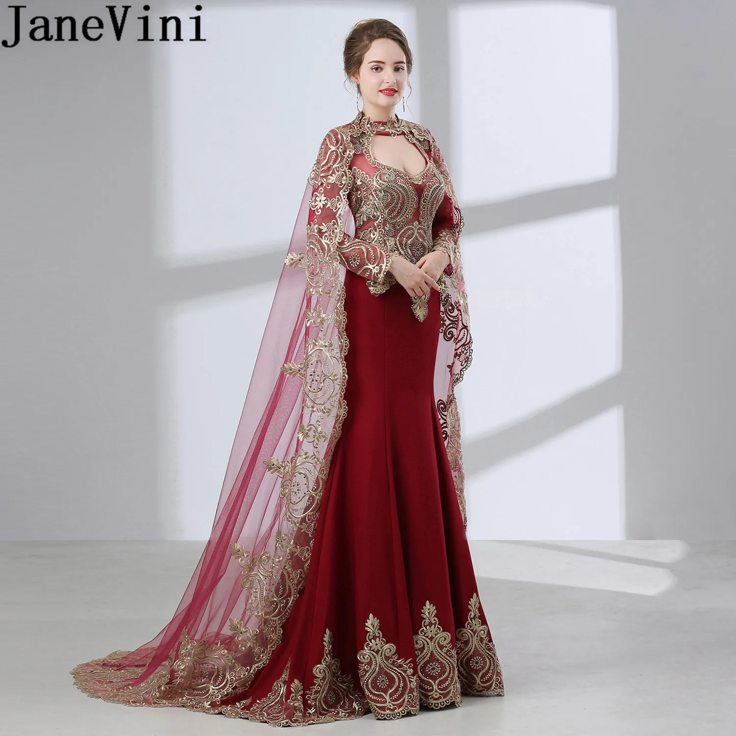 JaneVini – robe de soirée de forme sirène, tenue de soirée arabe avec cape, dentelle perlée, bordeaux, Tulle, manches longues, turquie, 2020