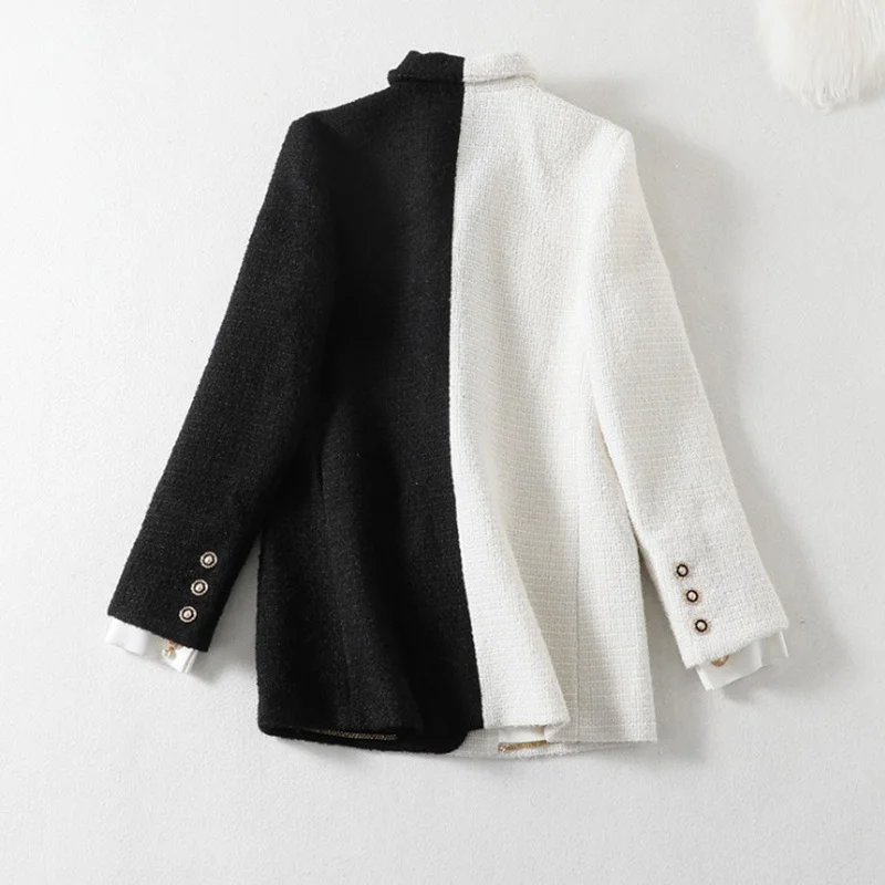 Lady Office Black Spliced White Tweed Jacket Turn-Down Collar Single-Breasted Multi-Pockets Button Chain Outerwear Autumn Winter