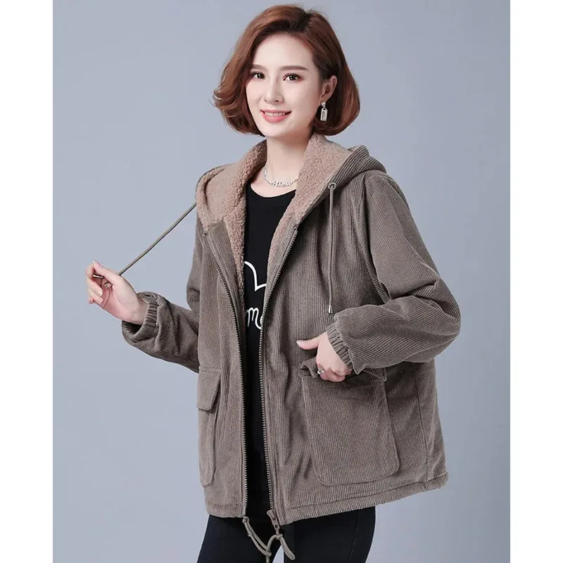 2022 NewFashion Women Corduroy Jacket Female Velvet Thick Warm Coat Autumn Winter Casual Loose Hoodie Windbreaker Outerwear R748