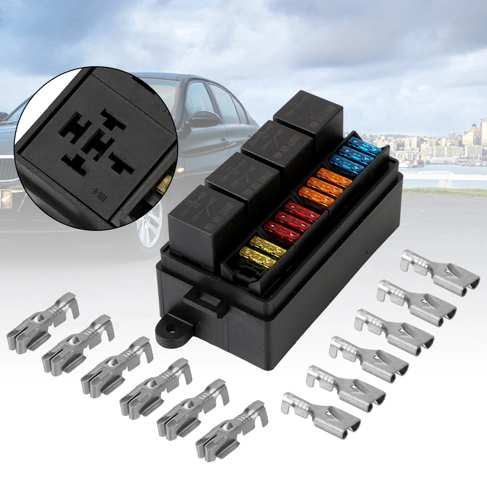 4Pin 12V 40A Relays Fuse with Spade Terminals 12 Way Blade Fuse Holder Box Plastic Cover for Auto Car Truck Trailer