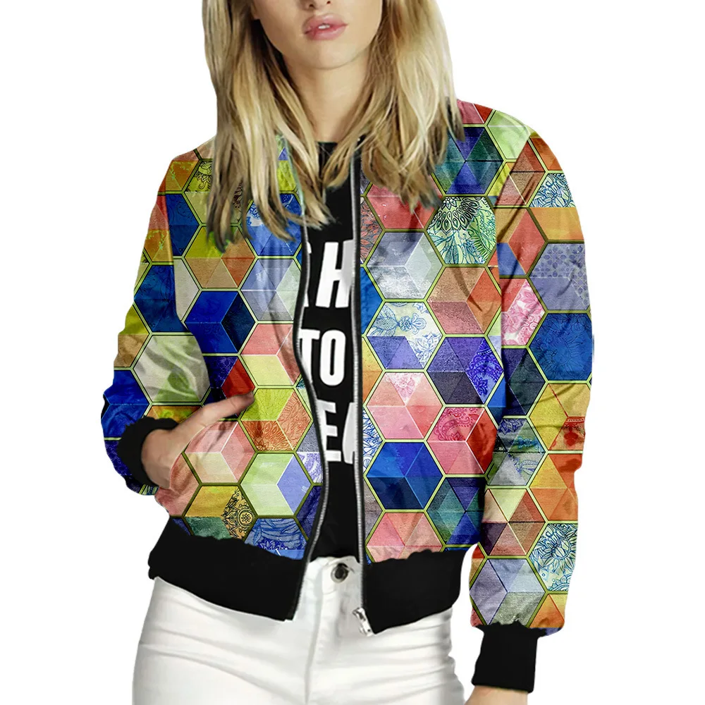 Giacche da donna 2021 colorate stampate in 3D da donna con cerniera Bomber capispalla primavera autunno manica lunga corta sottile sottile cappotti