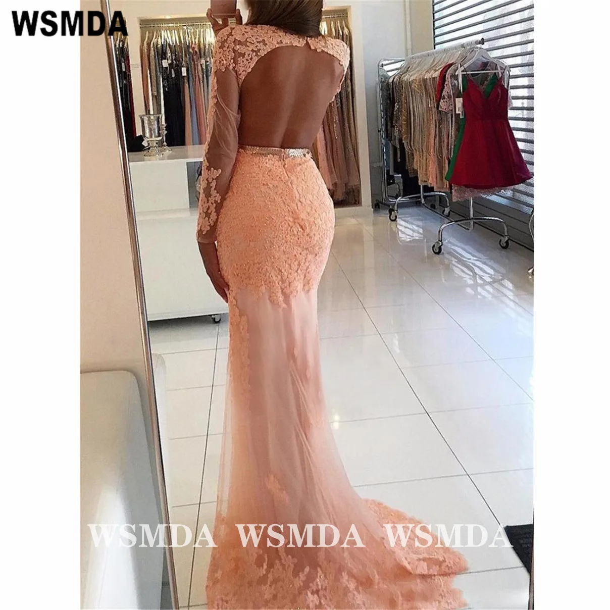 Vestido de baile de cauda estilo sereia, renda rosa, com mangas compridas, formal, para noite