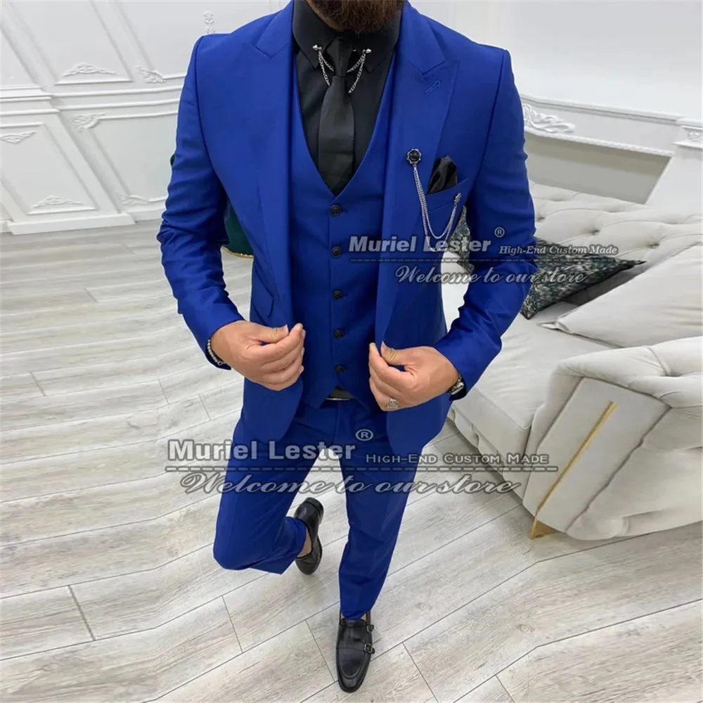 

Last Design Royal Blue Men Suits Slim Fit Single Breasted Jacket+Vest+Pants 3 Pieces Smoking Blazer Wedding Tuxedo Traje Hombre