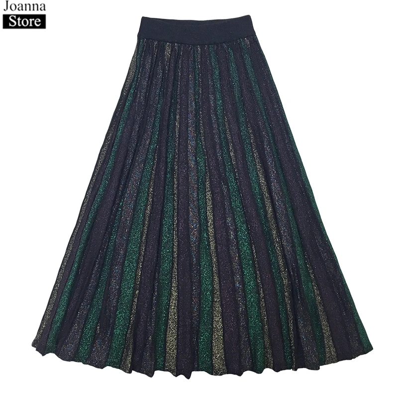 

Spring Knitted Color Stripes Bright Silk Stitching Skirt Women High Waist Loose Pleated Skirts Autumn Plus Size Clothes Female