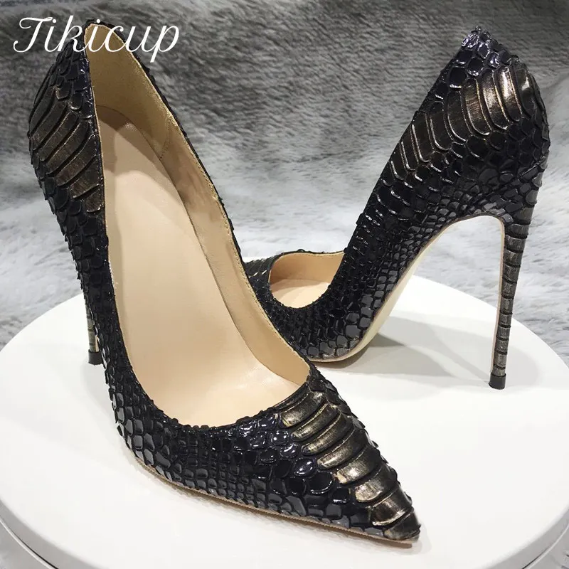 Tikicup Gray Croc-Effect Embossed Women Sexy Stiletto High Heels Slip On Pointed Toe Fashion Pumps Designer Brand Party Shoes