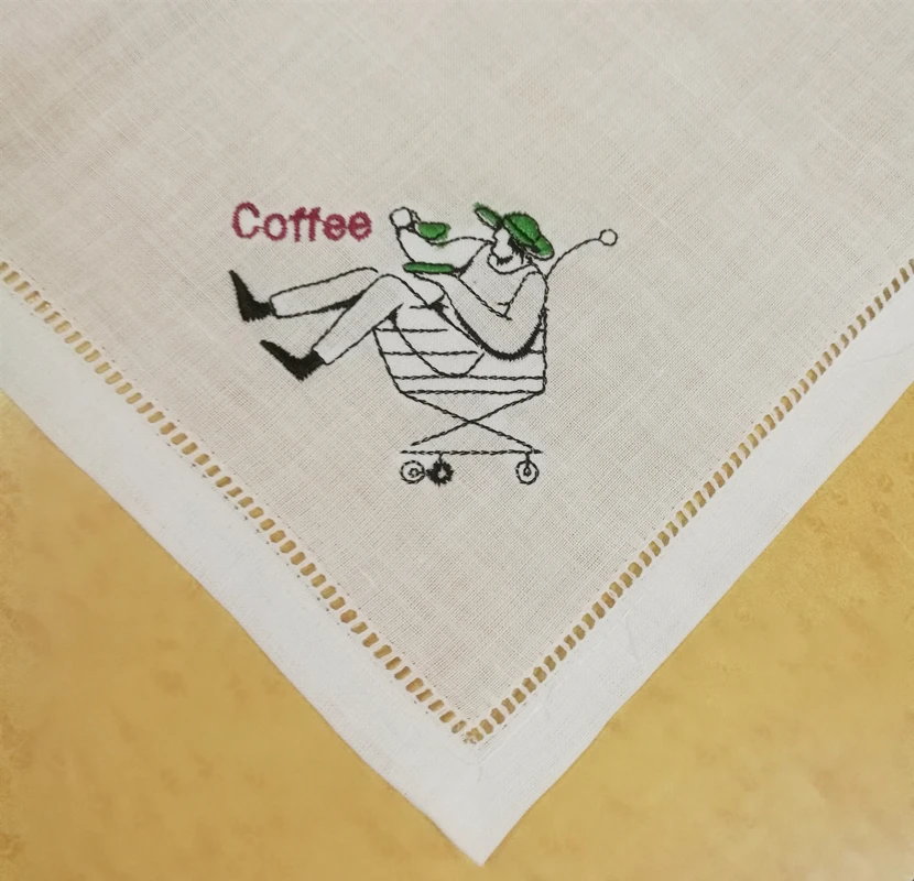 Set of 12 Fashion Coffee Napkin White  Hemstitched Linen Tea Napkins with Embroidered Design Handkerchiefs12x12-inch