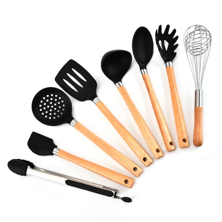 Wooden Handle Silica Gel Kitchen Ware 9-Piece Cooking Shovel Scraper Egg Beater Kitchen Tool Kitchen Gadgets Cooking Tools