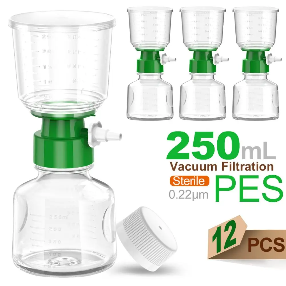 Botella estéril de 12 piezas, filtración al vacío superior con membrana PES de 0,22/0.45μm para laboratorio, embudo de 250ml + receptor de 250ml por