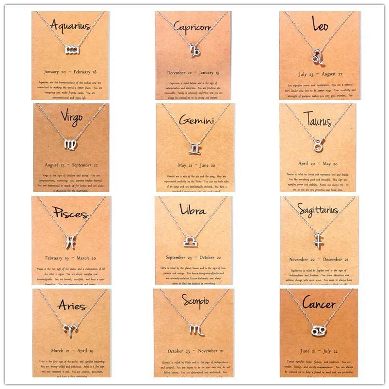 Fashion Zodiac Sign Necklace For Women 12 Constellation Pendant Chain Choker Birthday Jewelry With Gift Cardboard Card