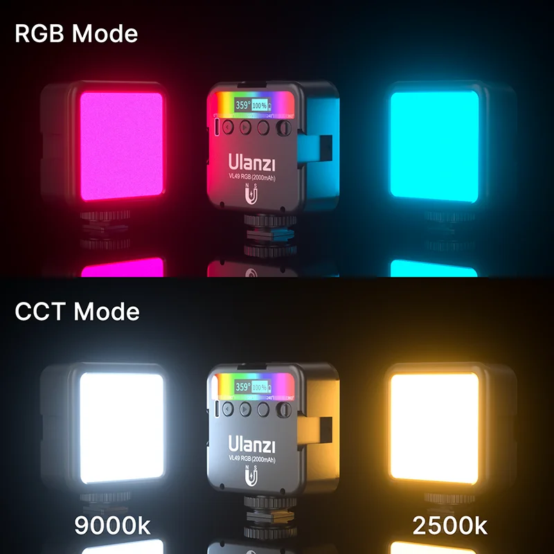 Ulanzi-VL49 Luz de Vídeo LED RGB Colorida, 2500K-9000K, 800LUX, Mini Preenchimento Magnético, 3 Sapatas Frias, 2000mAh, Luz de Câmera Tipo C