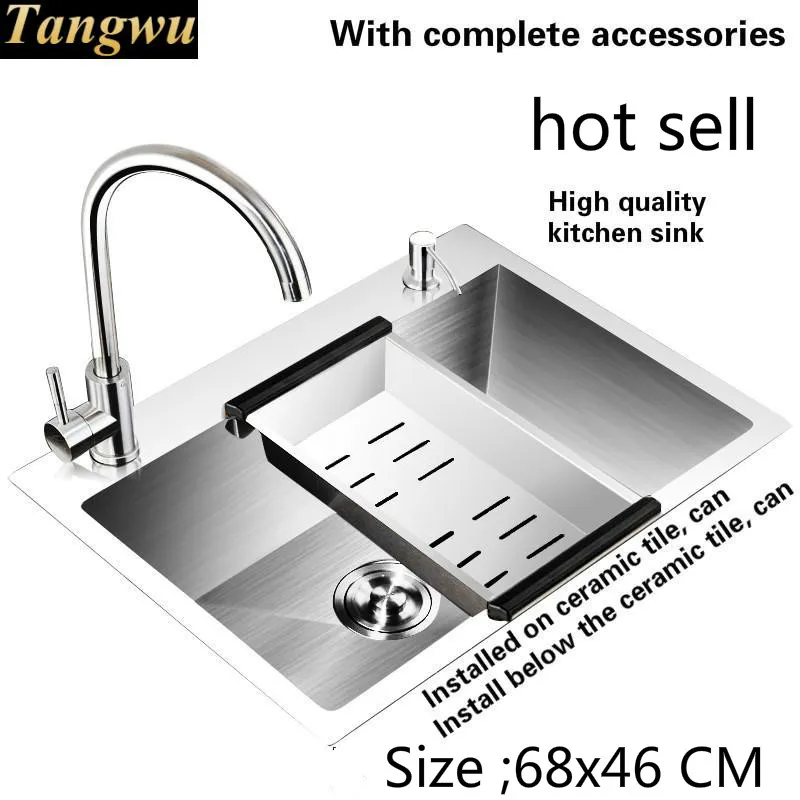 Free shipping Apartment kitchen manual sink single trough 3 mm thick 304 stainless steel hand single slot hot sell  68x46 CM