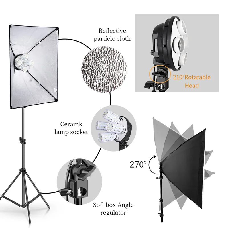 Photo studio 50cm*70cm Softbox 100V-220V Lighting Box E27 4 in 1 Lamp Holder Soft Box with 2m Light Stand photography Kit