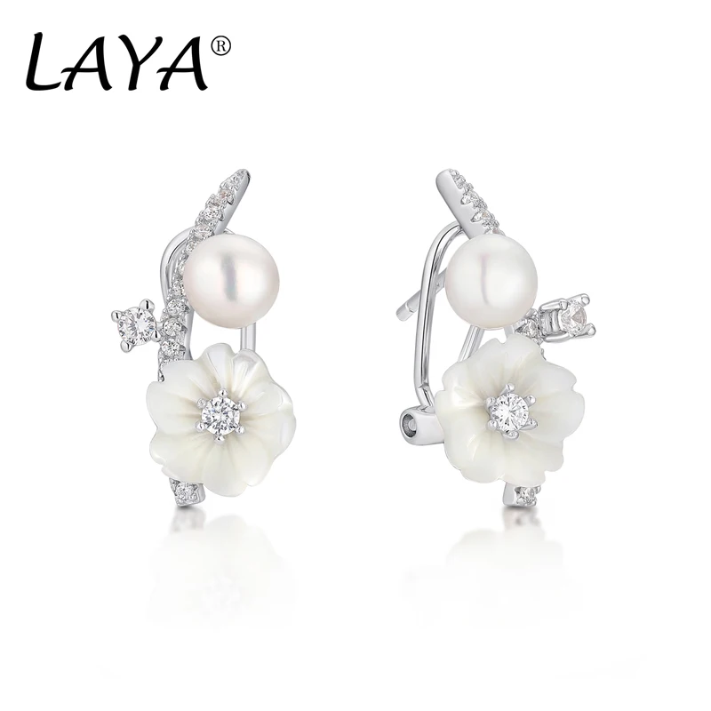 

Laya 925 Sterling Silver Summer Hot Style Jewelry High Quality Zircon Natural Shell Flower Freshwater Pearl Earrings For Women