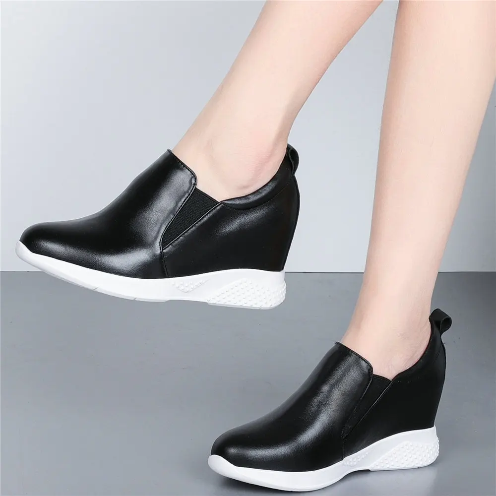 

2023 Fashion Sneakers Women Genuine Leather Wedges High Heel Ankle Boots Female Low Top Round Toe Platform Loafers Casual Shoes