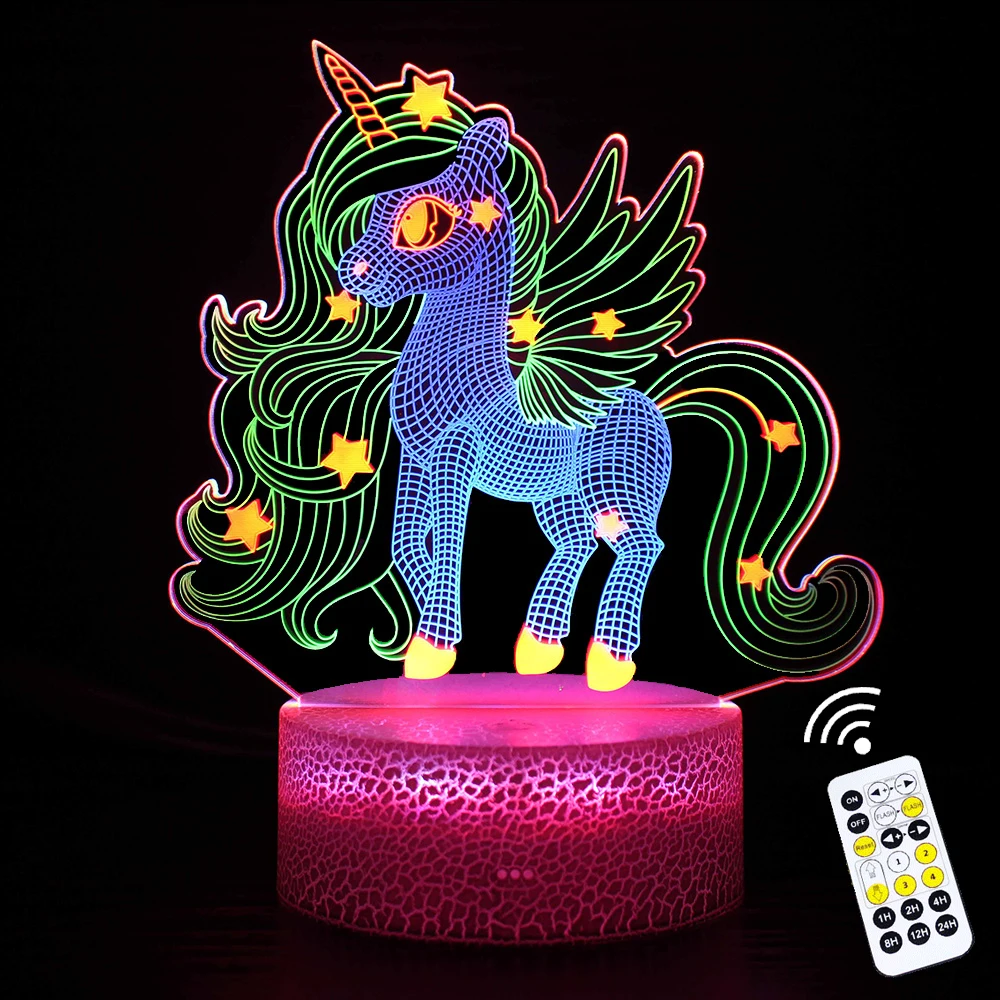 

3D Illusion Lamp Unicorn LED RGB Color Flashing Touch Remote Control Timing Night Lights Room Decor Kids Holiday Gift Present