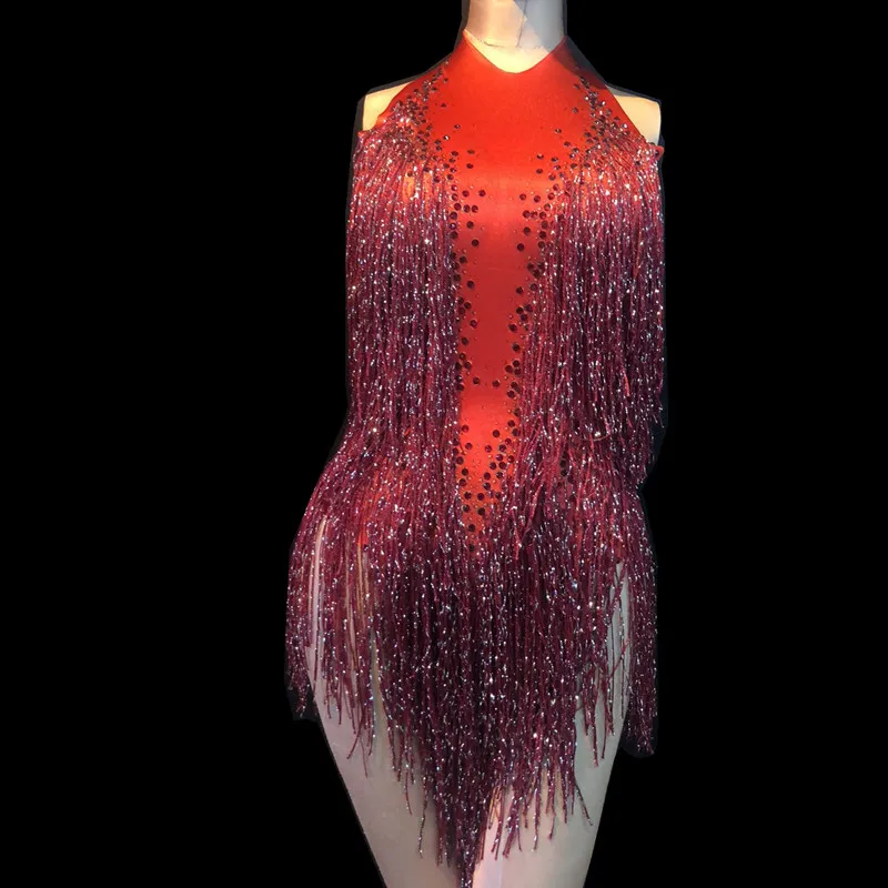 Women Fashion Wine Red Sequins Tassels Slim Stage Costumes Female Rhinestone Sleeveless Bodycon Leotard Women's DS Dancing Wear