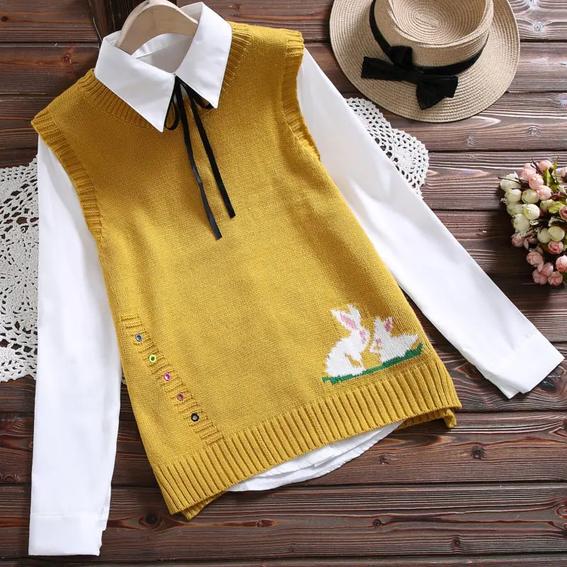 Loose Student College Wind Sweater Vest Female Cartoon Pattern Embroidery Round Neck Sleeveless Irregular Sweater Vest Women