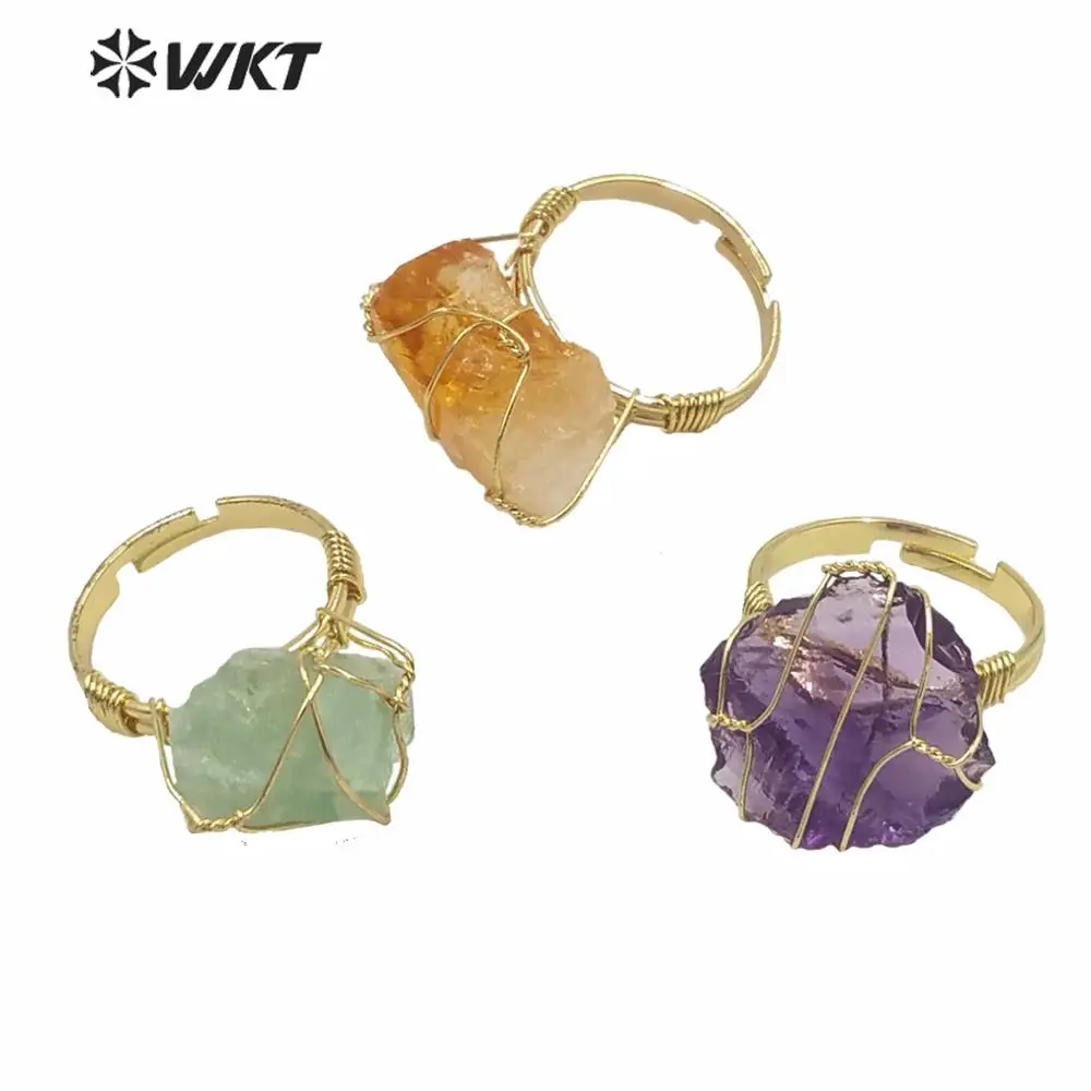 

WT-R366 Wholesale Gold Hand Make Wire Wrapped Raw Stone Lady Popular Hot Raw Birthday Ring for girl Friend