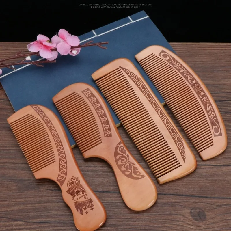 1pcs Natural Peach Solid Wood Comb Engraved Peach Wood Healthy Massage Anti-Static Comb Hair Care Tool Beauty Accessories