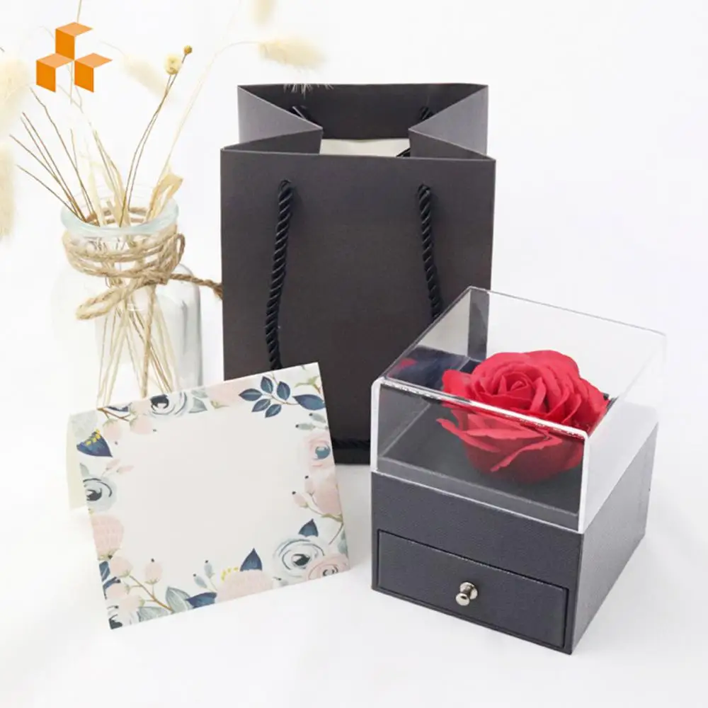 Preserved Rose Flower Design Ring Necklace Display Holder Jewelry Storage Box