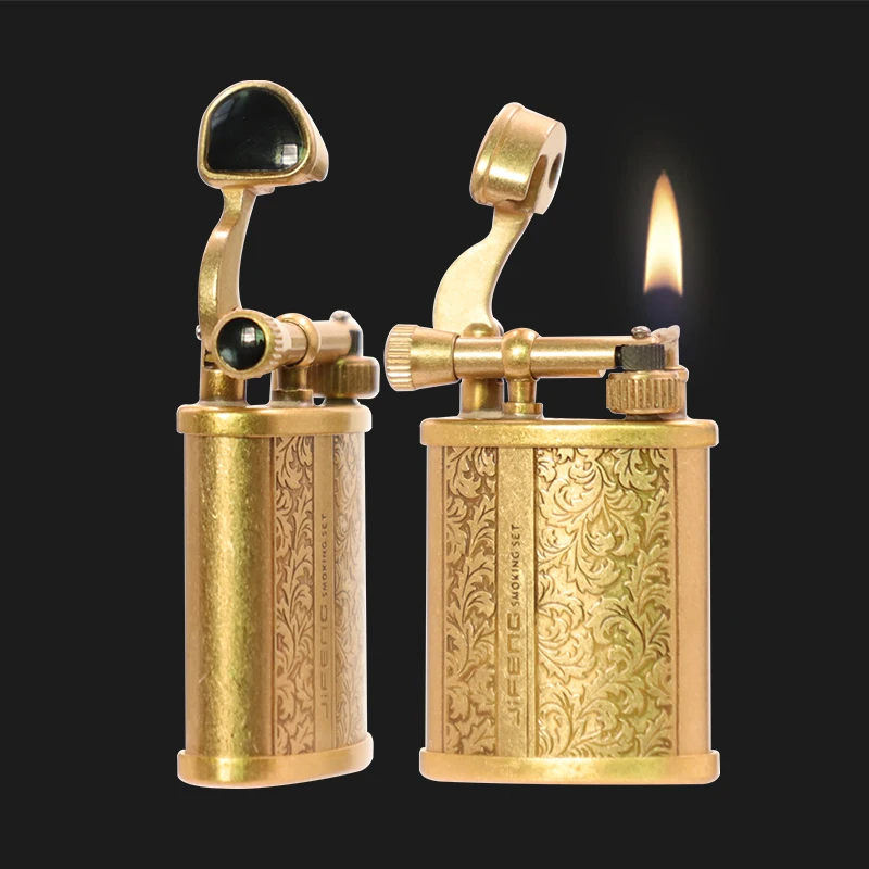 Vintage Fuel Oil Classical Lighter JIFENG Kerosene Lighter with Antique Brass Knurling Trench Lighter