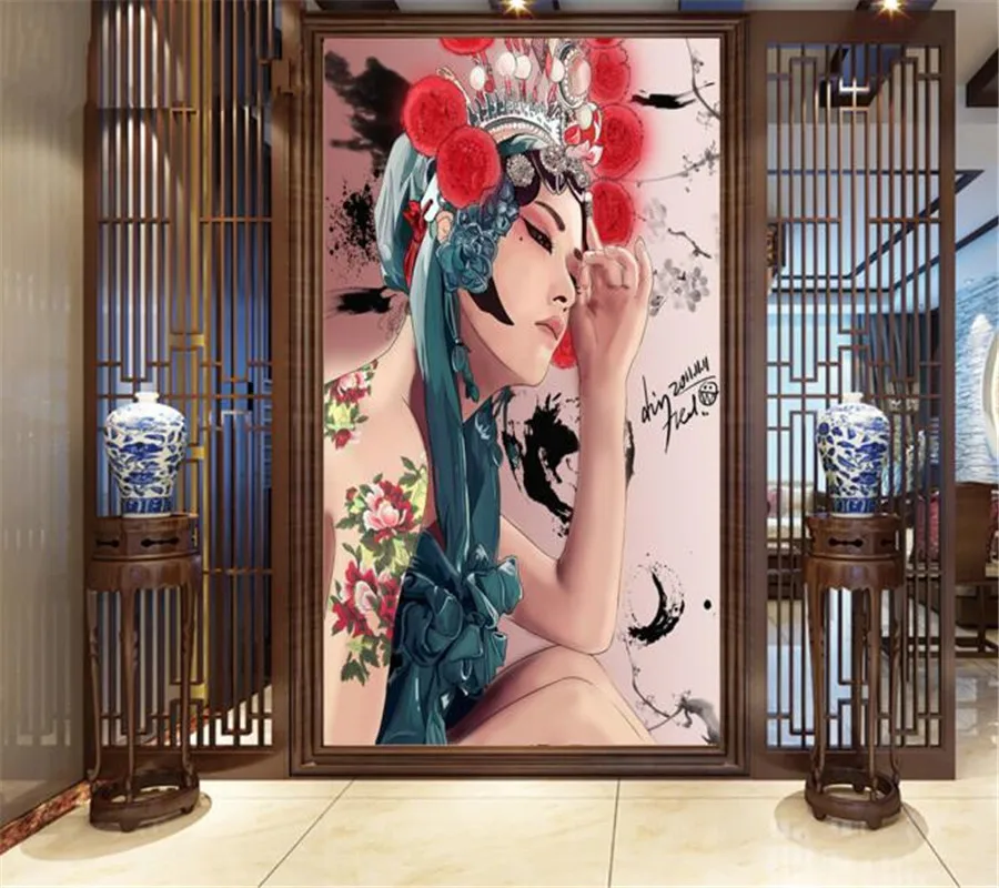 BEIBEHANG Personality freehand Beijing opera sexy beauty living room entrance background wall painting wallpaper for walls 3 d