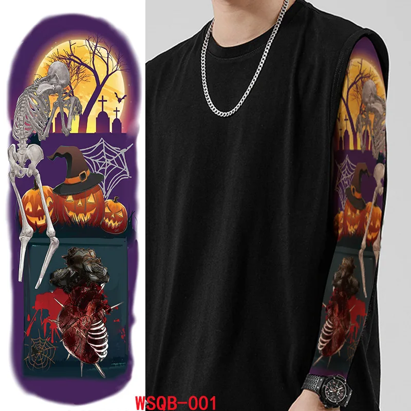 Temporary Tattoo Sticker Halloween Pumpkin Wizard Hat Moon Bat Skull Full Arm Art Flash Tatoo Sleeve FakeTatto for Men Women