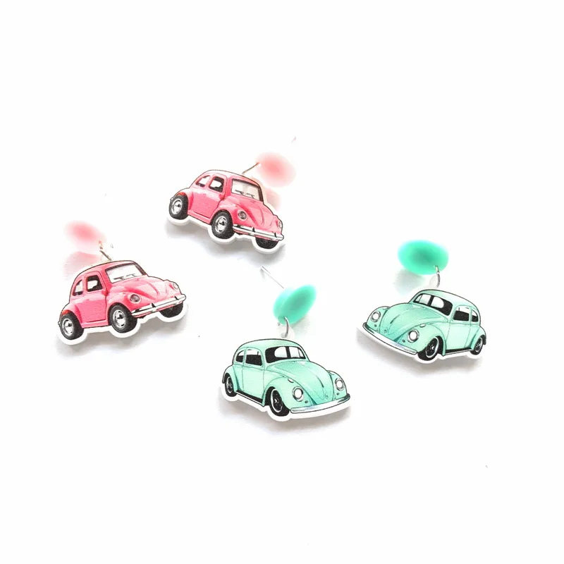 New Arrivals Pink And Blue Vintage Lowrider Beetle Cars Pendants Acrylic Stud Earrings For Women Cute Fashion Jewelry Girls Gift