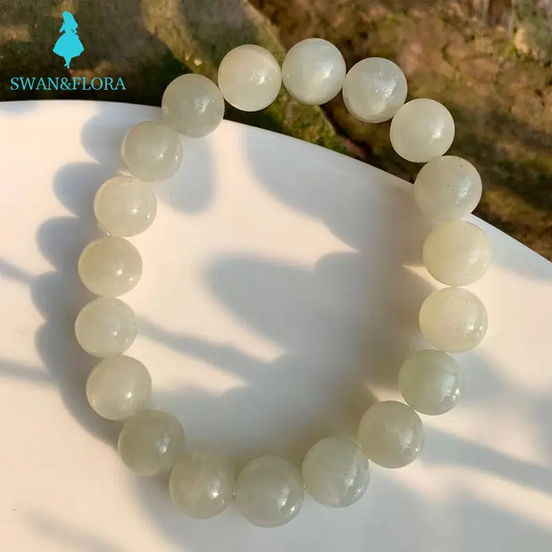 

10MM Genuine Natural White Moonstone Bracelet Healing Crystal Gift Woman Round Beads Bracelet For Women Men Stone Selenite