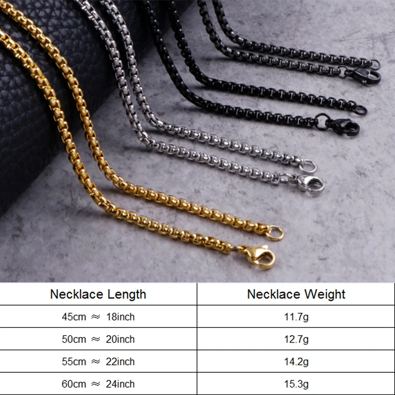 3mm Titanium Link Square Pearl Chains Black/Gold Color Vintage Stainless Steel Long Choker Necklace For Men Fashion Jewelry