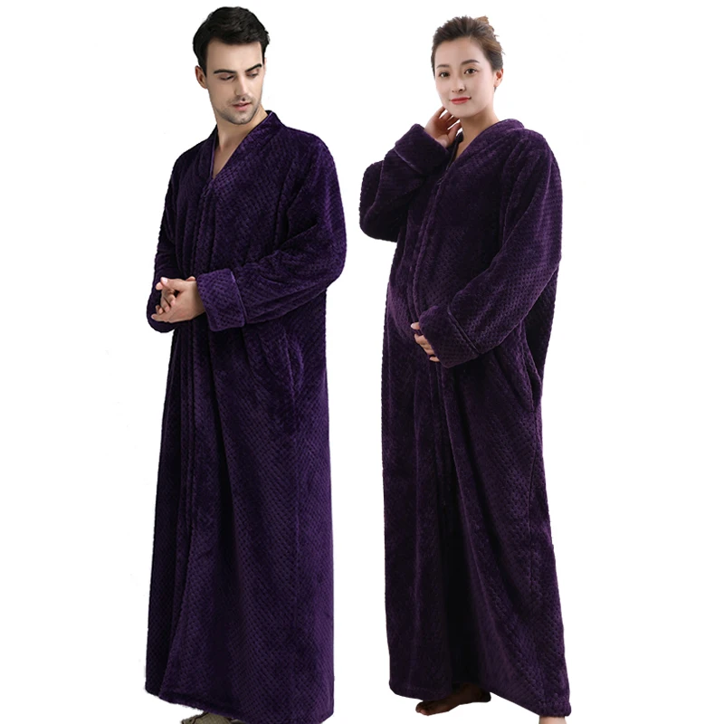 Women Plus Size Thickening Flannel Extra Long Thermal Bathrobe Lovers Zipper V-Neck Winter Warm Bath Robe Pregnant Wedding Robes