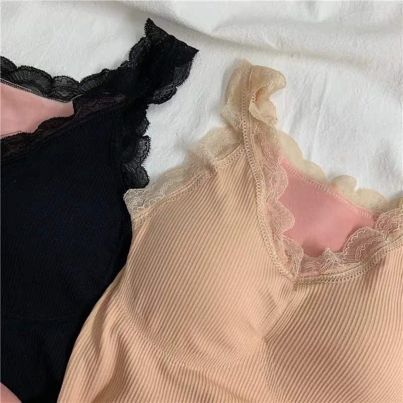 Winter Warm Lace Crop Top Vest Women's Lace Slim Plus Velvet Top Thick Plus Size Women Thermal Vest Lace Fleece Tank Tops