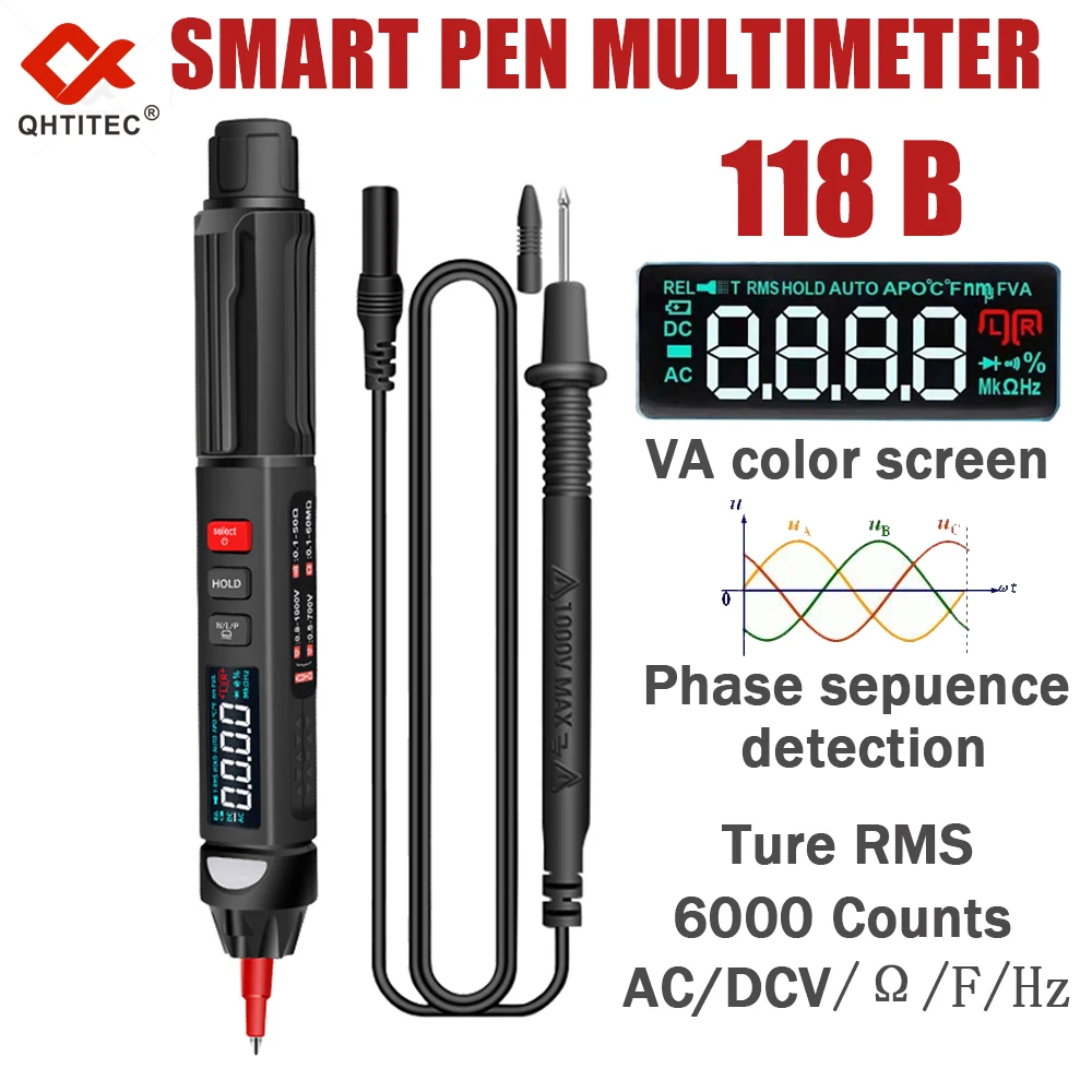 QHTITEC 6000 Counts Pen Multimeter Digital Automatic Multi-tester True RMS 118A 118B Three-phase sequencing NCV Repair Tool Set