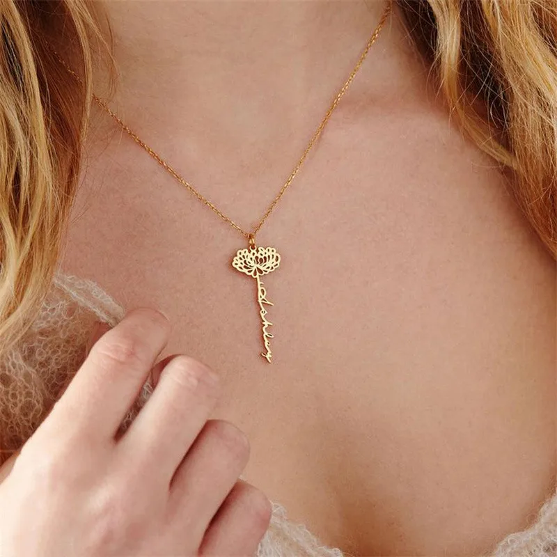 Fashion Custom BirthFlower Necklace Personalized Carnation Lily Constellation Flowers Name Necklace For Women Girl Birthday Gift